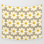 Cheerful Retro Daisy Floral Pattern in Mustard Gold and Gray Wall Tapestry Gallery Image 4