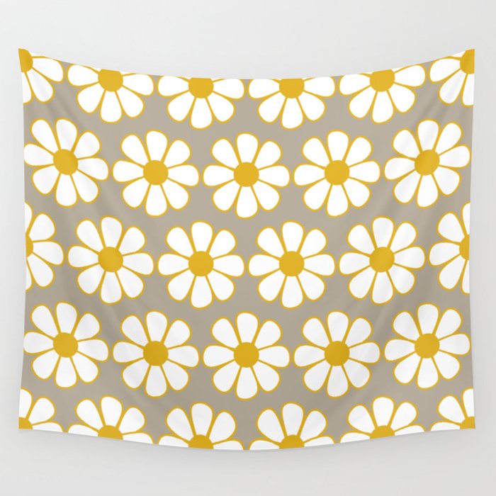 Cheerful Retro Daisy Floral Pattern in Mustard Gold and Gray Wall Tapestry Gallery Image 4