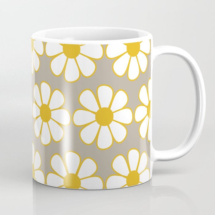 Cheerful Retro Daisy Floral Pattern in Mustard Gold and Gray Coffee Mug Gallery Image 1