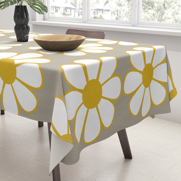 Cheerful Retro Daisy Floral Pattern in Mustard Gold and Gray Tablecloth Gallery Image 3