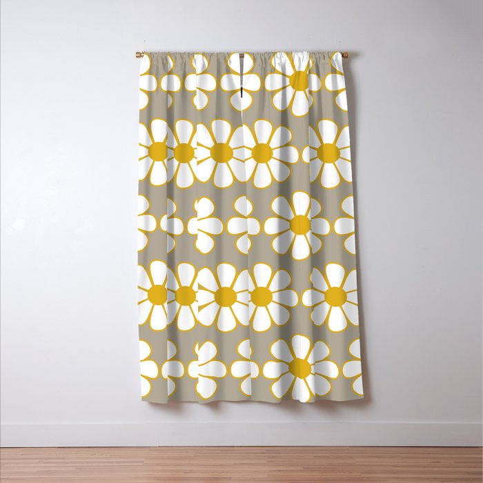 Cheerful Retro Daisy Floral Pattern in Mustard Gold and Gray Window Curtain Gallery Image 3