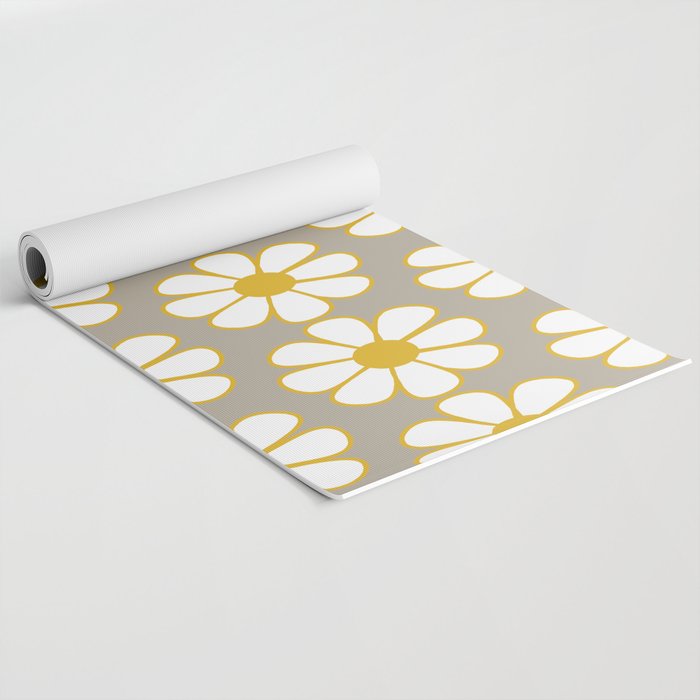 Cheerful Retro Daisy Floral Pattern in Mustard Gold and Gray Yoga Mat Gallery Image 2
