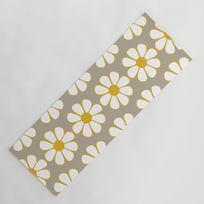 Cheerful Retro Daisy Floral Pattern in Mustard Gold and Gray Yoga Mat Gallery Image 1