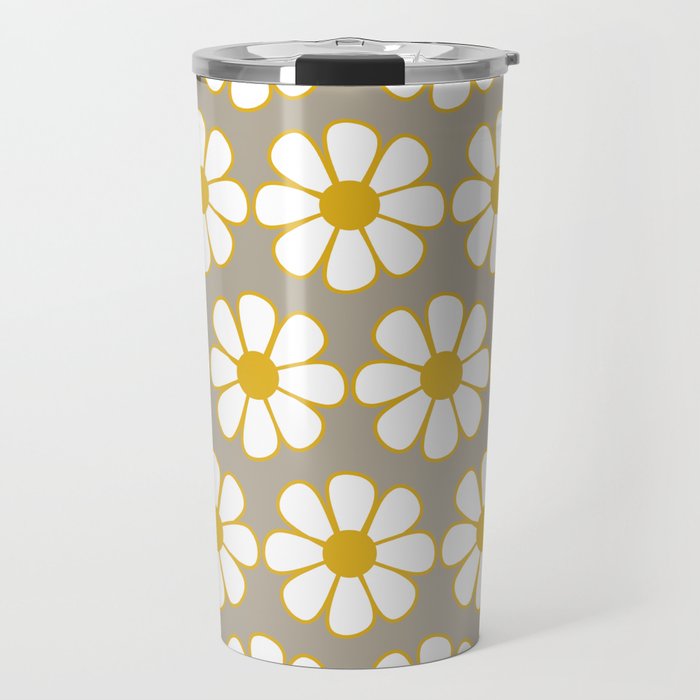 Cheerful Retro Daisy Floral Pattern in Mustard Gold and Gray Travel Mug Gallery Image 1