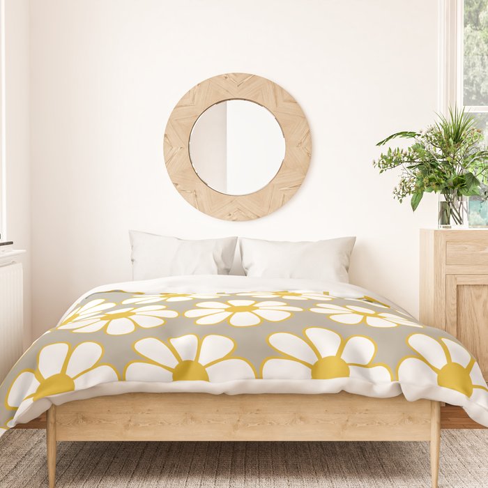 Cheerful Retro Daisy Floral Pattern in Mustard Gold and Gray Duvet Cover Gallery Image 3