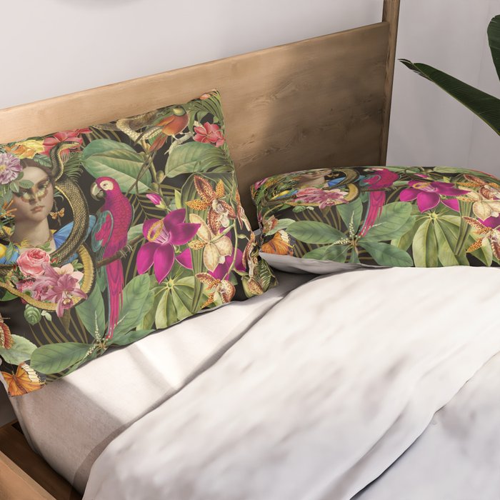 Snake Princess Tropical Jungle Vibes Multicolor  Black Pillow Sham Gallery Image 2