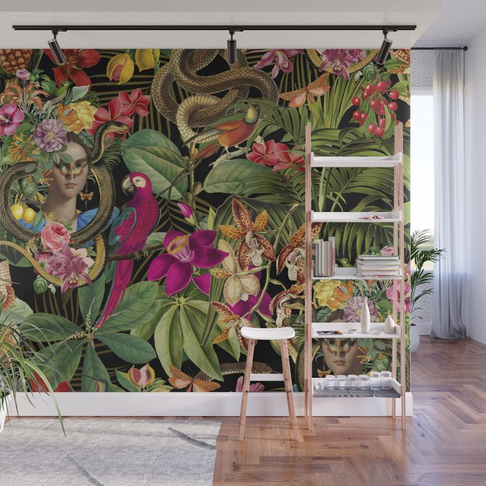 Snake Princess Tropical Jungle Vibes Multicolor  Black Wall Mural Gallery Image 1