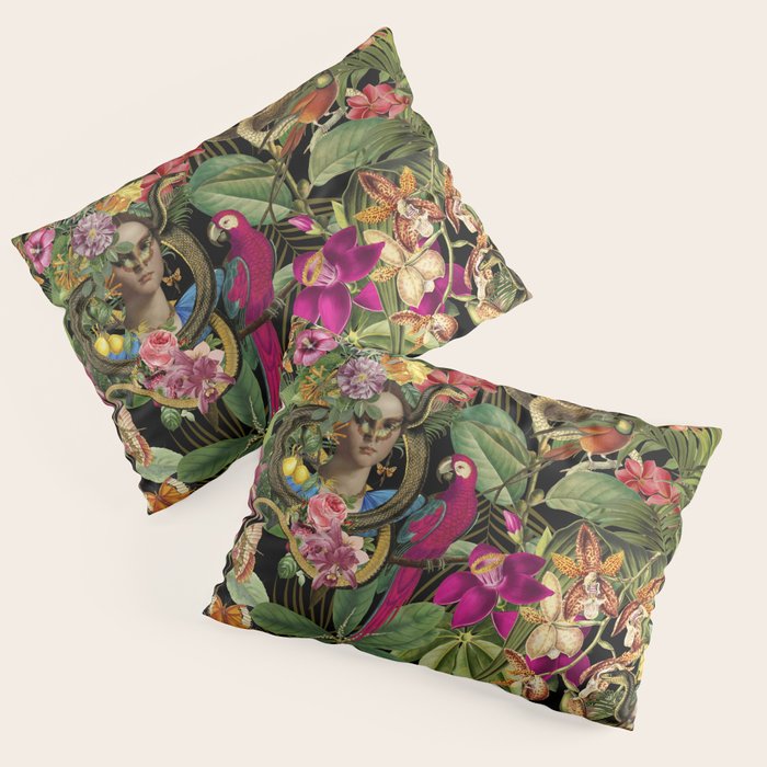 Snake Princess Tropical Jungle Vibes Multicolor  Black Pillow Sham Gallery Image 1