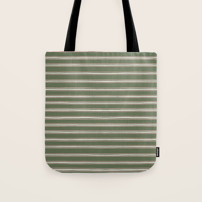 Triple Stripe Pattern Muted Green, Cream, Pink Tote Bag Gallery Image 1
