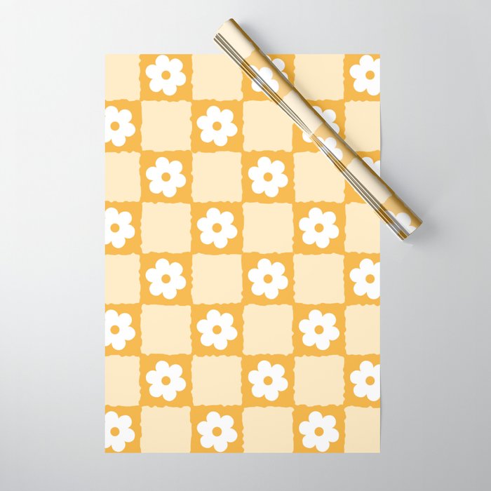 Retro Daisy Flower Checker in Yellow Wrapping Paper Gallery Image 1