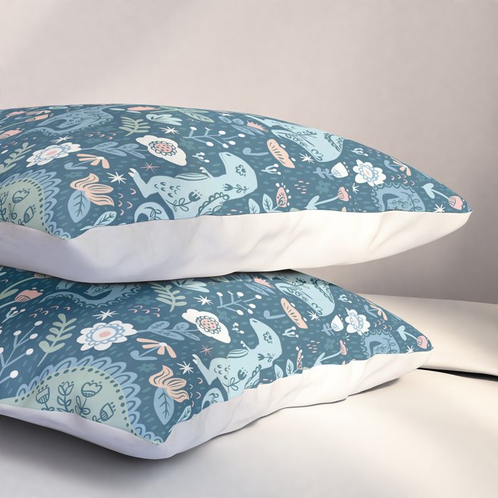 Folk Dinosaurs in Blue Pillow Sham Gallery Image 3