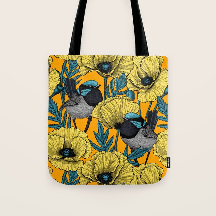 Fairy wren and poppies in yellow Tote Bag Gallery Image 1