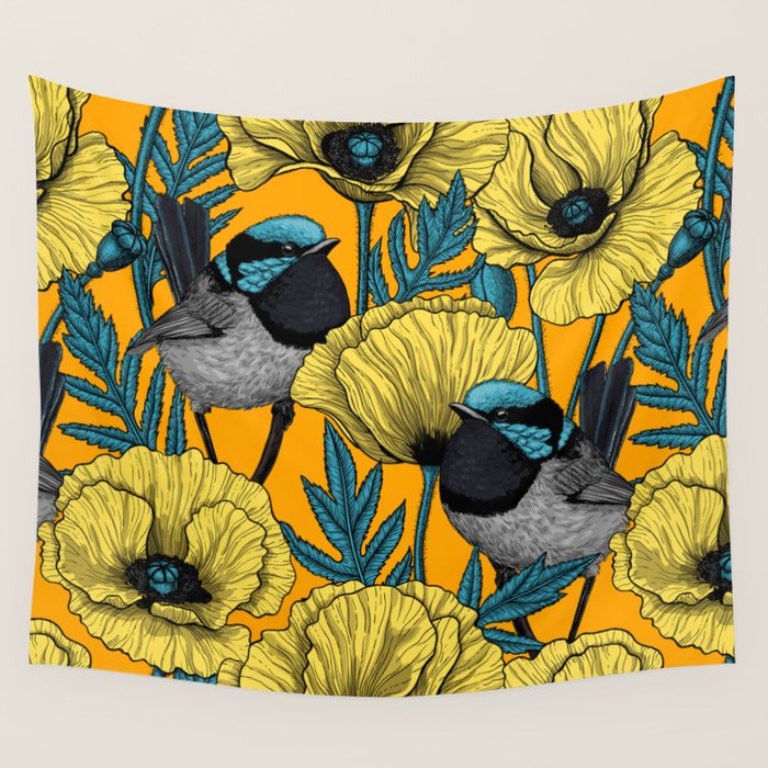 Fairy wren and poppies in yellow Wall Tapestry Gallery Image 1