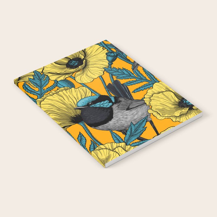 Fairy wren and poppies in yellow Notebook Gallery Image 1