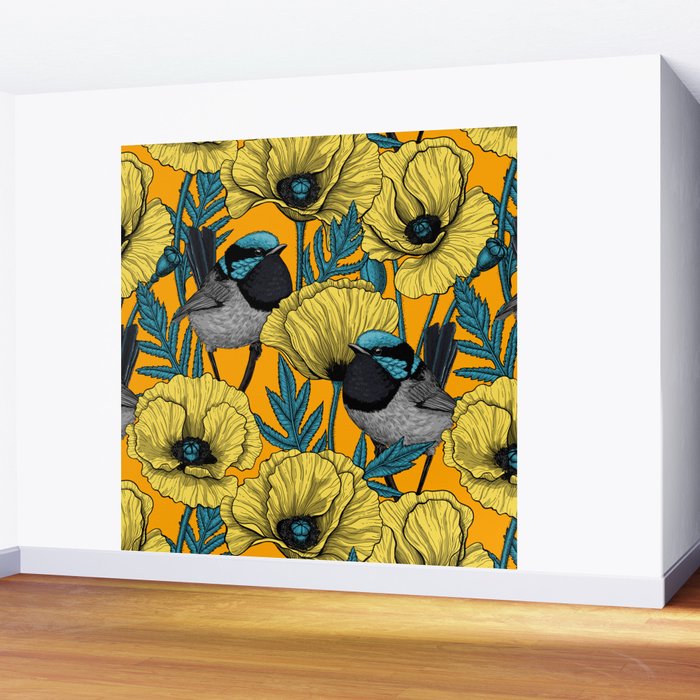 Fairy wren and poppies in yellow Wall Mural Gallery Image 2