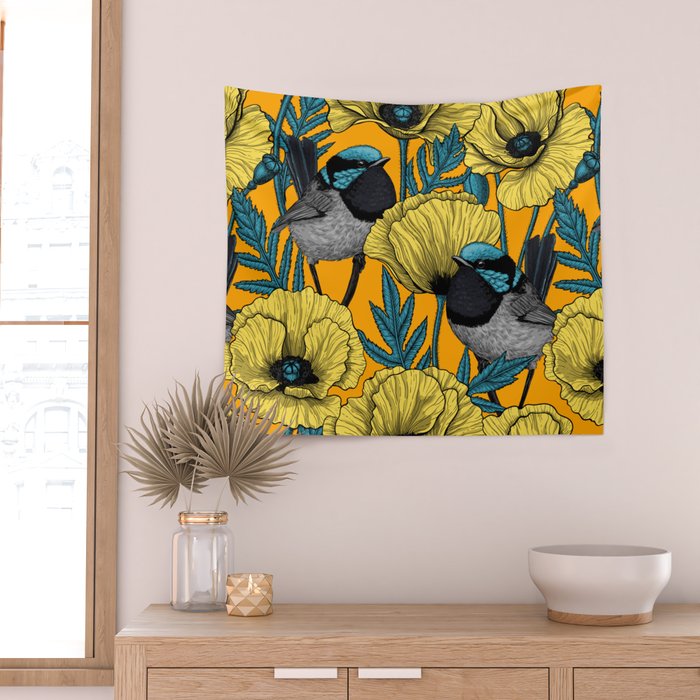 Fairy wren and poppies in yellow Wall Tapestry Gallery Image 2