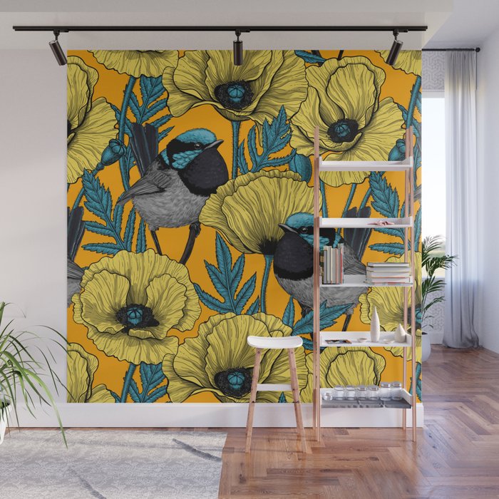 Fairy wren and poppies in yellow Wall Mural Gallery Image 1