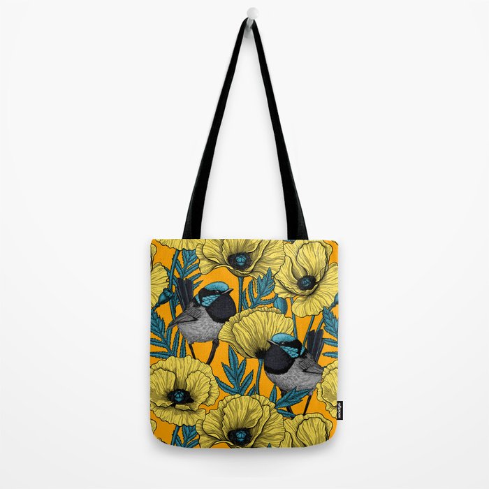 Fairy wren and poppies in yellow Tote Bag Gallery Image 2