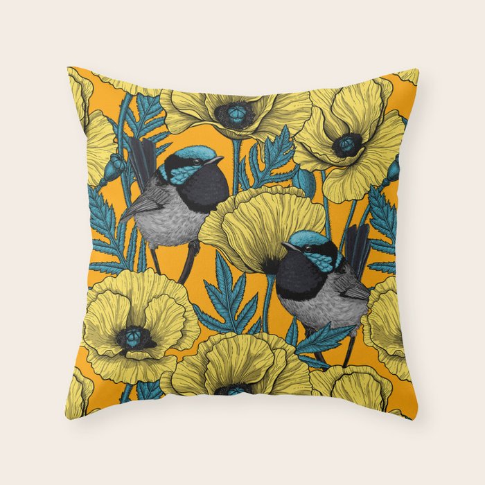 Fairy wren and poppies in yellow Throw Pillow Gallery Image 1