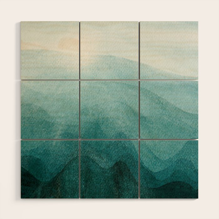 Sunrise in the mountains, dawn, teal, abstract watercolor Wood Wall Art Gallery Image 1