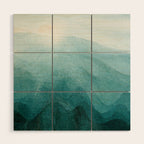 Sunrise in the mountains, dawn, teal, abstract watercolor Wood Wall Art Gallery Image 1