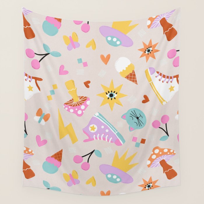 Pastel Nostalgic Doodles - Retro Teen Pattern Wall Tapestry Gallery Image 1