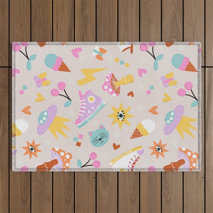Pastel Nostalgic Doodles - Retro Teen Pattern Outdoor Rug Gallery Image 1