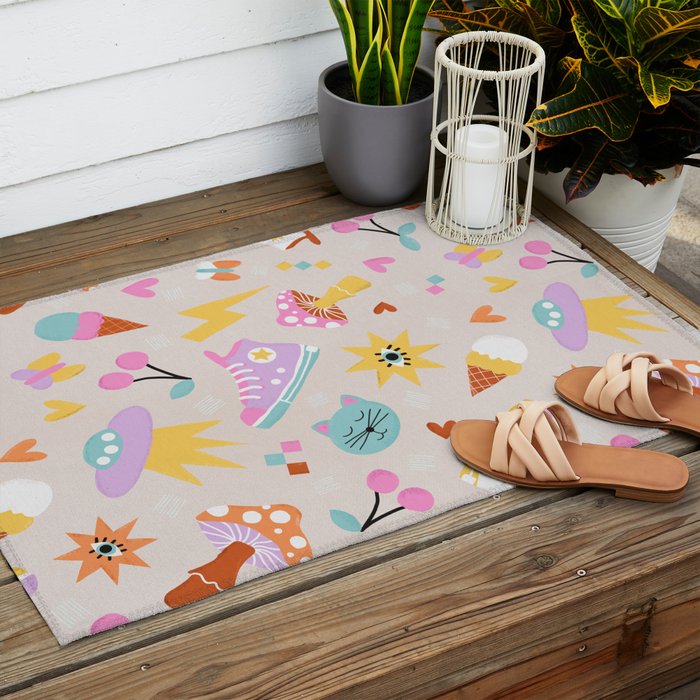 Pastel Nostalgic Doodles - Retro Teen Pattern Outdoor Rug Gallery Image 2