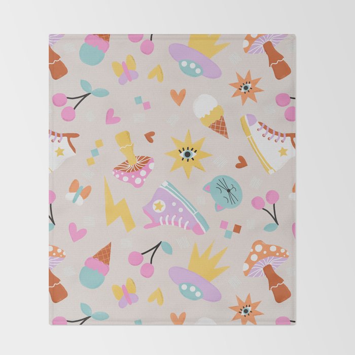 Pastel Nostalgic Doodles - Retro Teen Pattern Throw Blanket Gallery Image 2