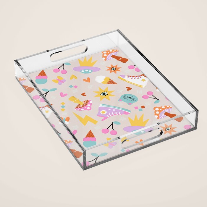 Pastel Nostalgic Doodles - Retro Teen Pattern Acrylic Tray Gallery Image 1