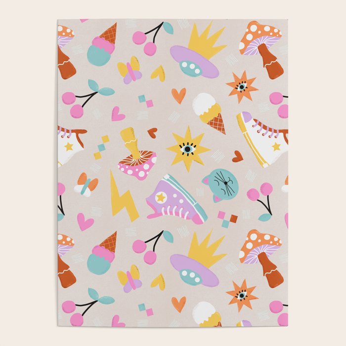 Pastel Nostalgic Doodles - Retro Teen Pattern Poster Gallery Image 4