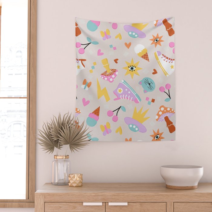 Pastel Nostalgic Doodles - Retro Teen Pattern Wall Tapestry Gallery Image 2