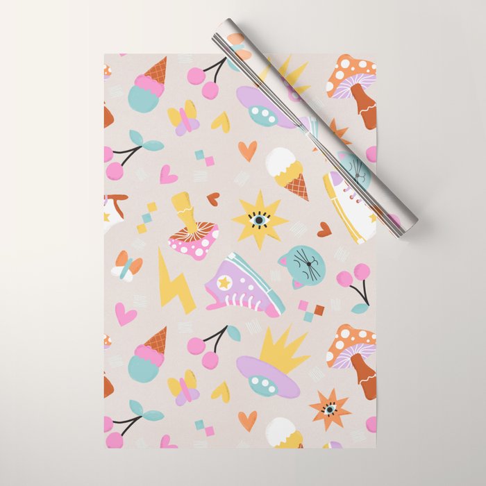 Pastel Nostalgic Doodles - Retro Teen Pattern Wrapping Paper Gallery Image 1
