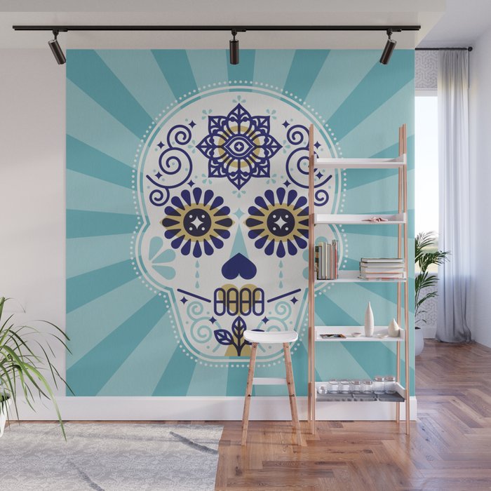 DÃ­a de Muertos â¢ Mexican Sugar Skull - Baby Blue Palette Wall Mural Gallery Image 1