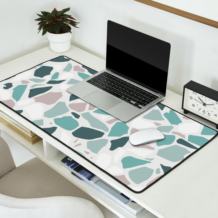 Festive, Terrazzo Mosaic Pattern, Teal, Green, Sage, Dusky Pink Desk Mat Gallery Image 2
