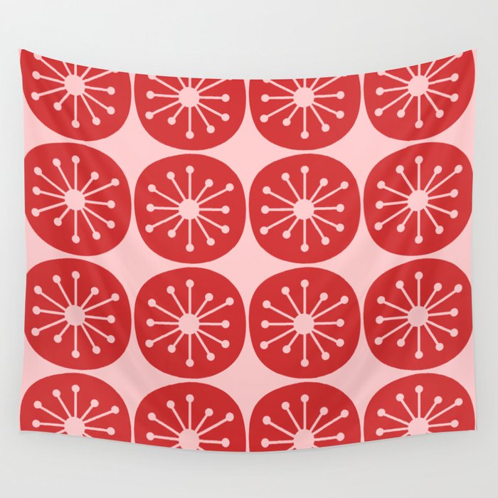 Atomic Age Mid Century Modern Retro Dots in Vintage Christmas Red and Pink Wall Tapestry Gallery Image 1
