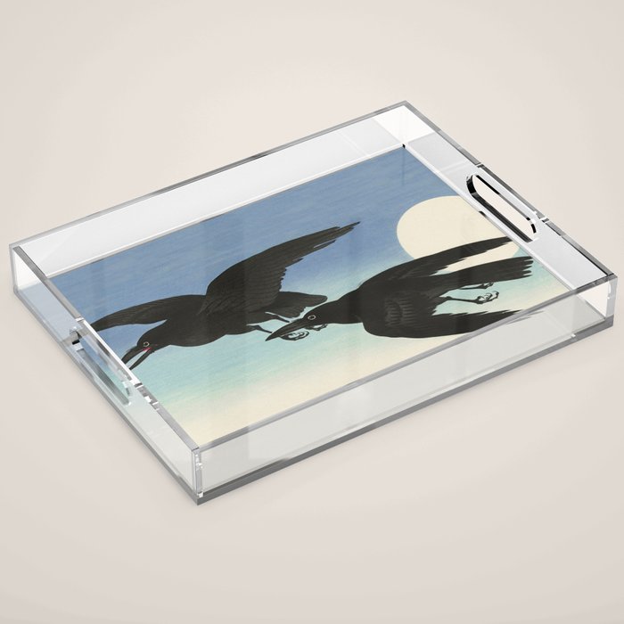 Two Crows mid flight - Vintage Japanese Woodblock Print Art Acrylic Tray Gallery Image 1