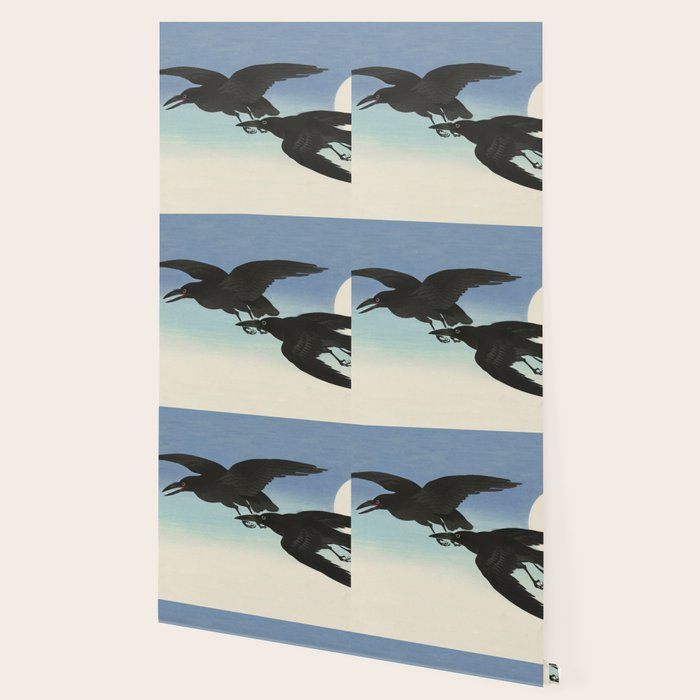 Two Crows mid flight - Vintage Japanese Woodblock Print Art Wallpaper Gallery Image 2