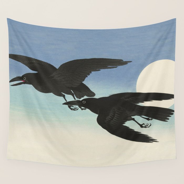 Two Crows mid flight - Vintage Japanese Woodblock Print Art Wall Tapestry Gallery Image 4