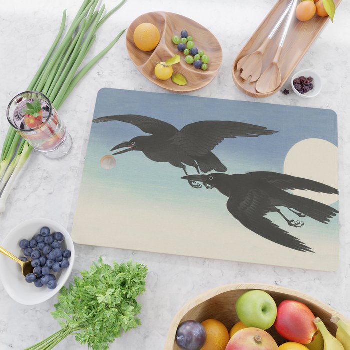 Two Crows mid flight - Vintage Japanese Woodblock Print Art Cutting Board Gallery Image 2