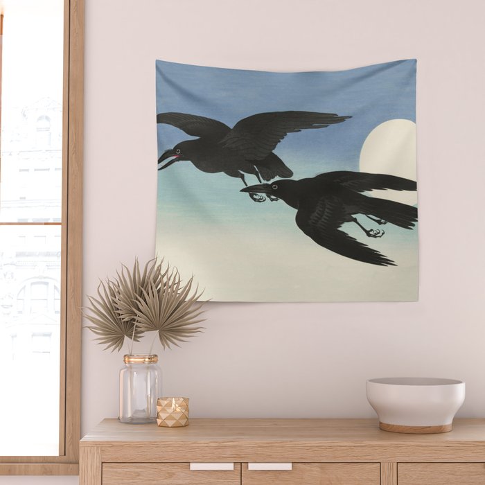 Two Crows mid flight - Vintage Japanese Woodblock Print Art Wall Tapestry Gallery Image 2