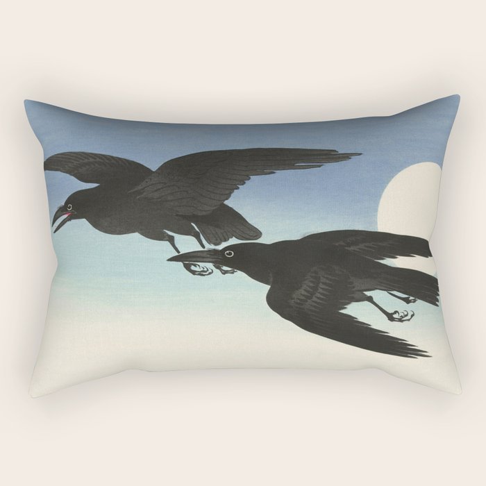 Two Crows mid flight - Vintage Japanese Woodblock Print Art Rectangular Pillow Gallery Image 1