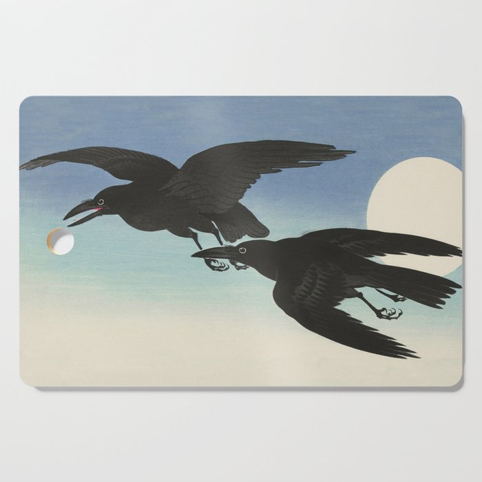 Two Crows mid flight - Vintage Japanese Woodblock Print Art Cutting Board Gallery Image 1