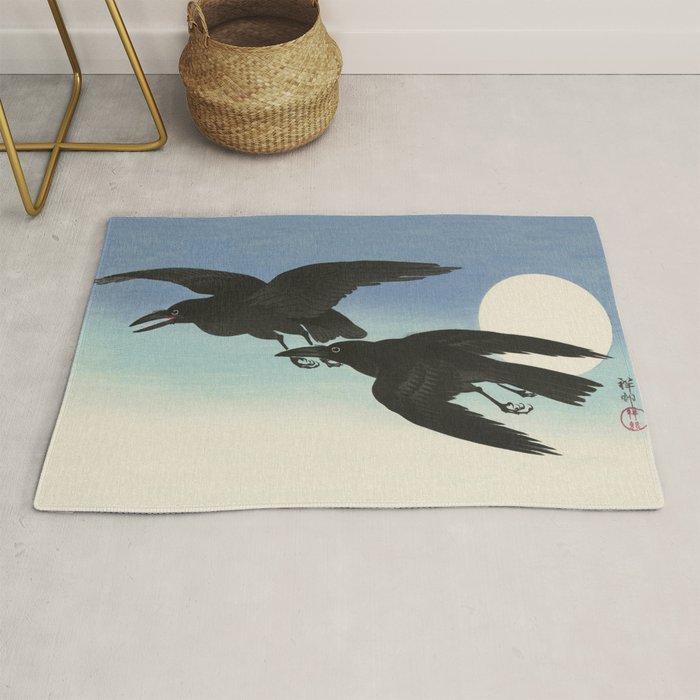 Two Crows mid flight - Vintage Japanese Woodblock Print Art Rug Gallery Image 1