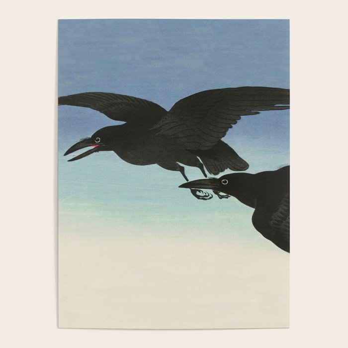 Two Crows mid flight - Vintage Japanese Woodblock Print Art Poster Gallery Image 1