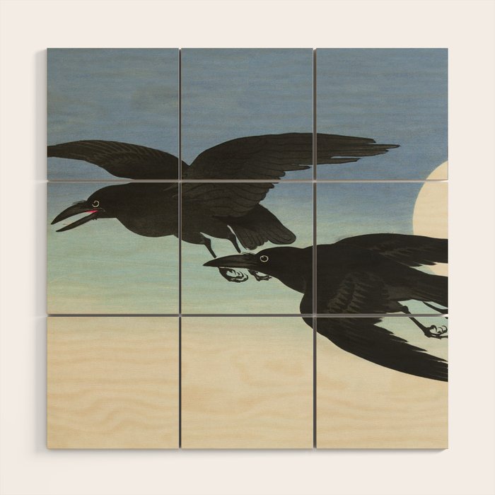 Two Crows mid flight - Vintage Japanese Woodblock Print Art Wood Wall Art Gallery Image 1