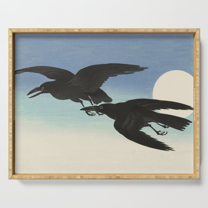 Two Crows mid flight - Vintage Japanese Woodblock Print Art Serving Tray Gallery Image 1