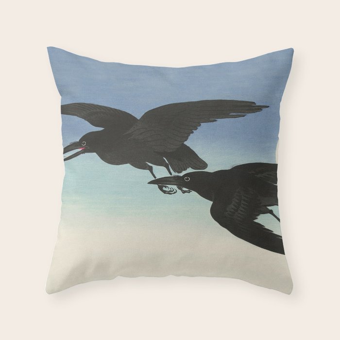 Two Crows mid flight - Vintage Japanese Woodblock Print Art Throw Pillow Gallery Image 1