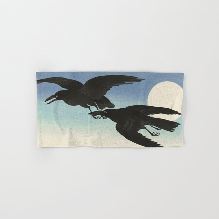 Two Crows mid flight - Vintage Japanese Woodblock Print Art Bath Towel Gallery Image 1
