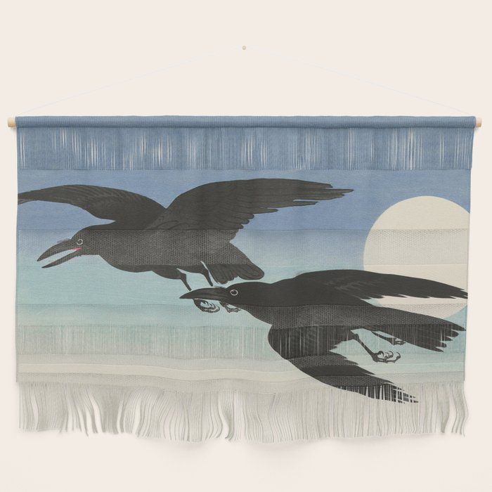 Two Crows mid flight - Vintage Japanese Woodblock Print Art Wall Hanging Gallery Image 1